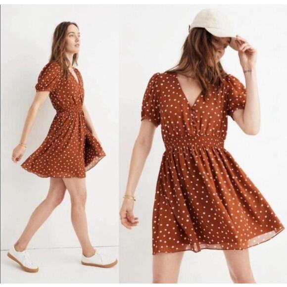 Madewell Police Dot Mini Dress in Brown Size M Medium Smocked Waist - Picture 2 of 9